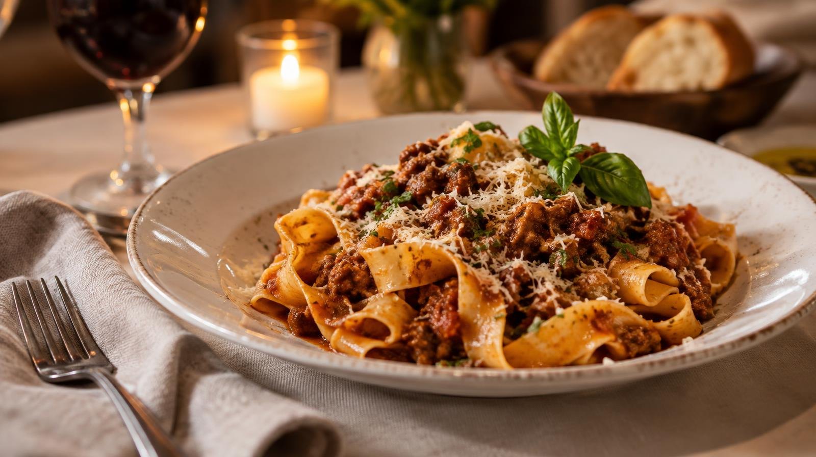 A plate of handmade pasta with rustic sauce and fresh herbs on a white ceramic plate.
