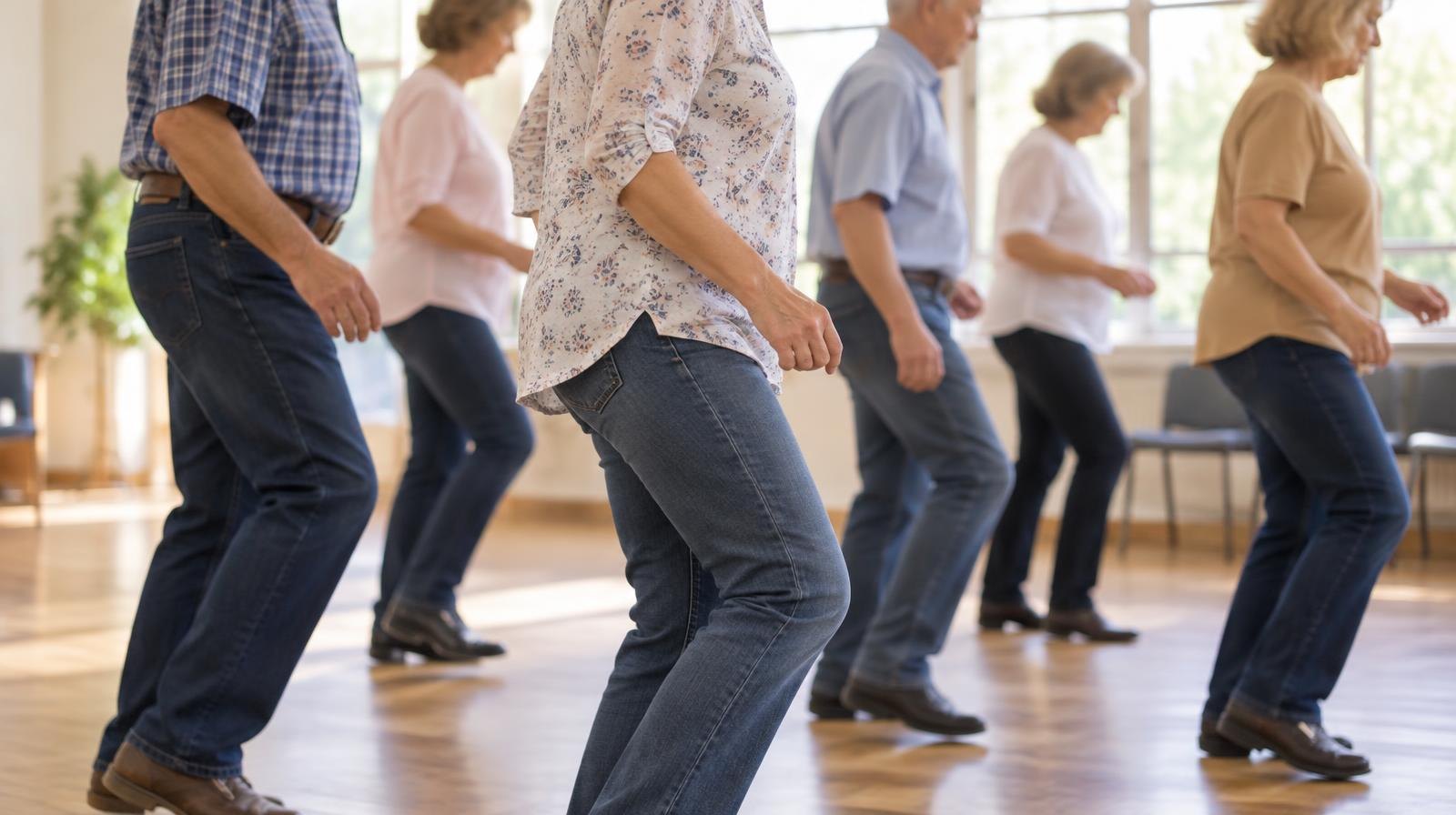 A row of older adults in casual clothes dancing together in a bright community room.