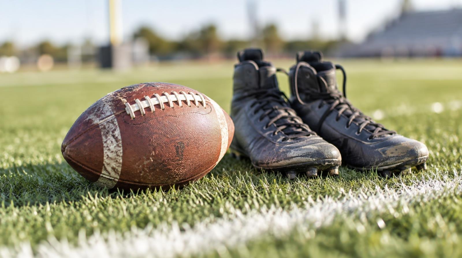 An American football resting on green grass near a white yard line beside football cleats.
