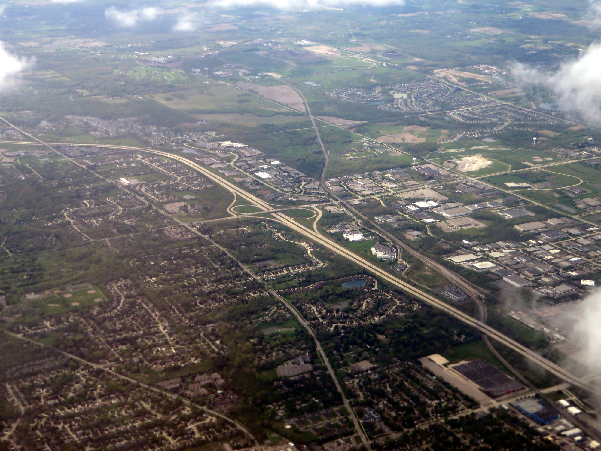 Aerial view of downtown Plymouth, Michigan, along the M-14 corridor.
