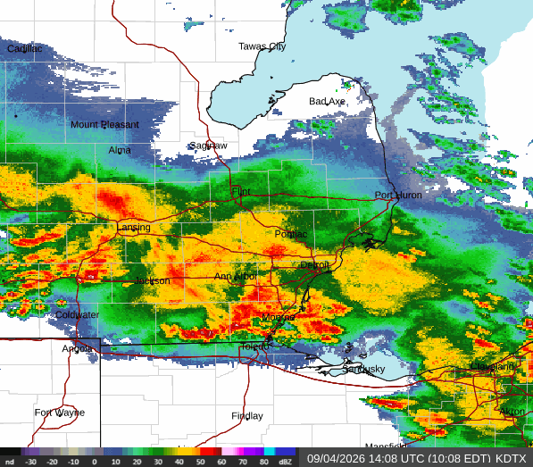 Weather radar map showing widespread rain and thunderstorms across southeast Michigan, including the Farmington area between Detroit and Pontiac, on the morning of Sept. 4, 2026.
