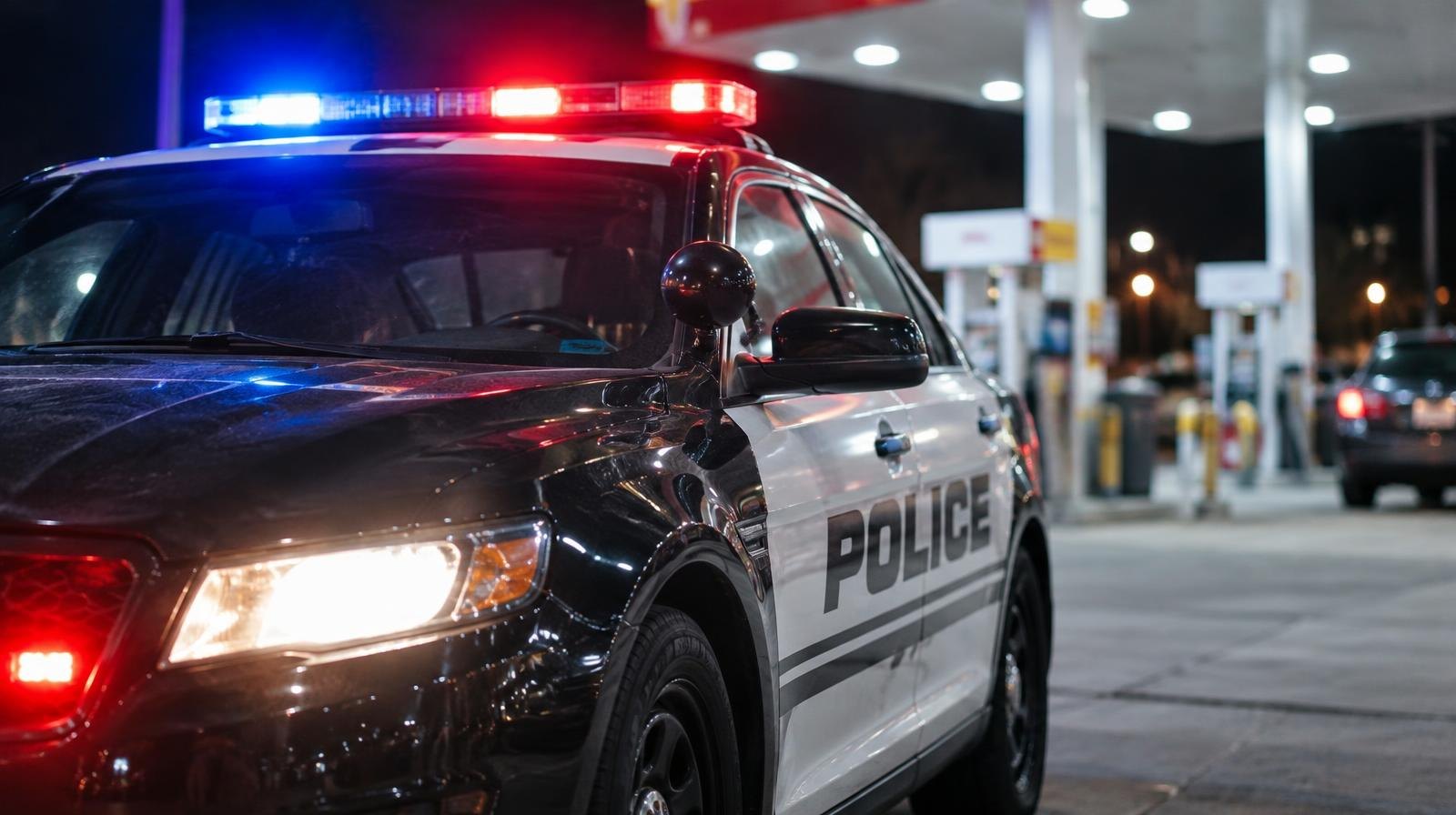 Police patrol car with flashing emergency lights parked under a gas station canopy at night.