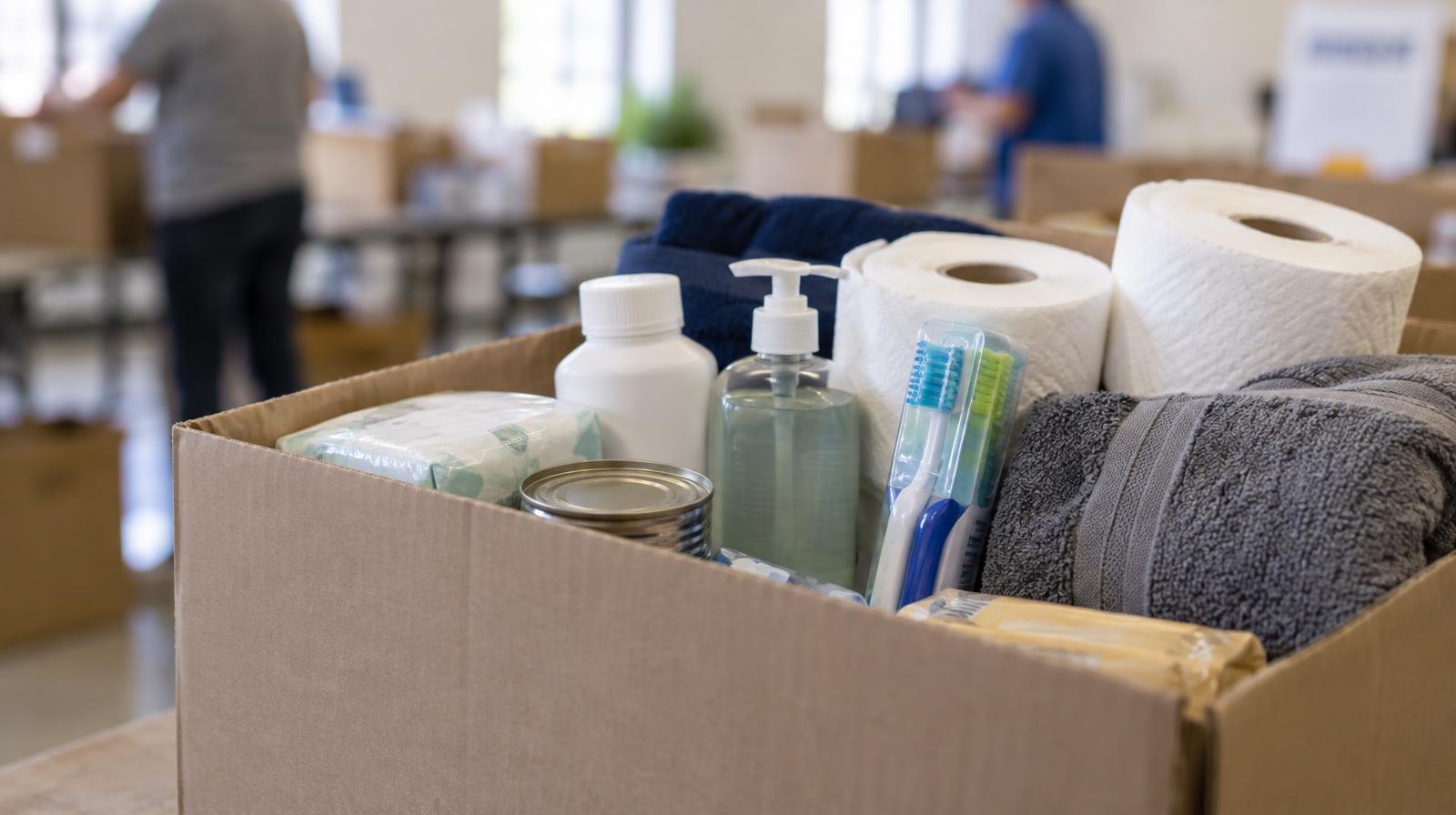 An open cardboard box filled with neatly arranged household supply items.