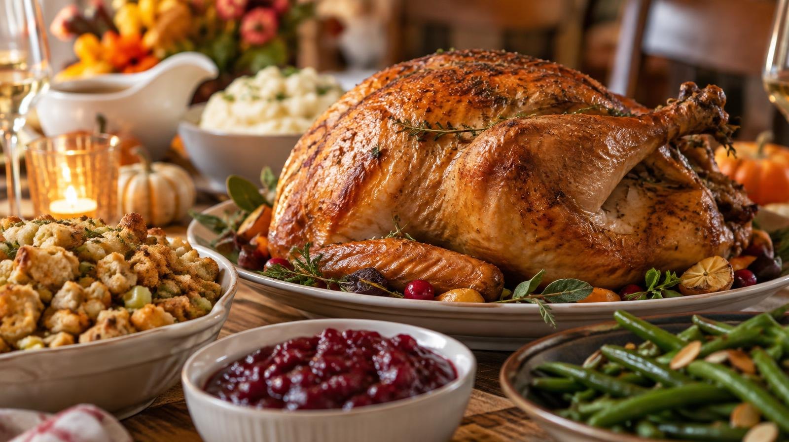 A roasted turkey on a platter surrounded by Thanksgiving side dishes.