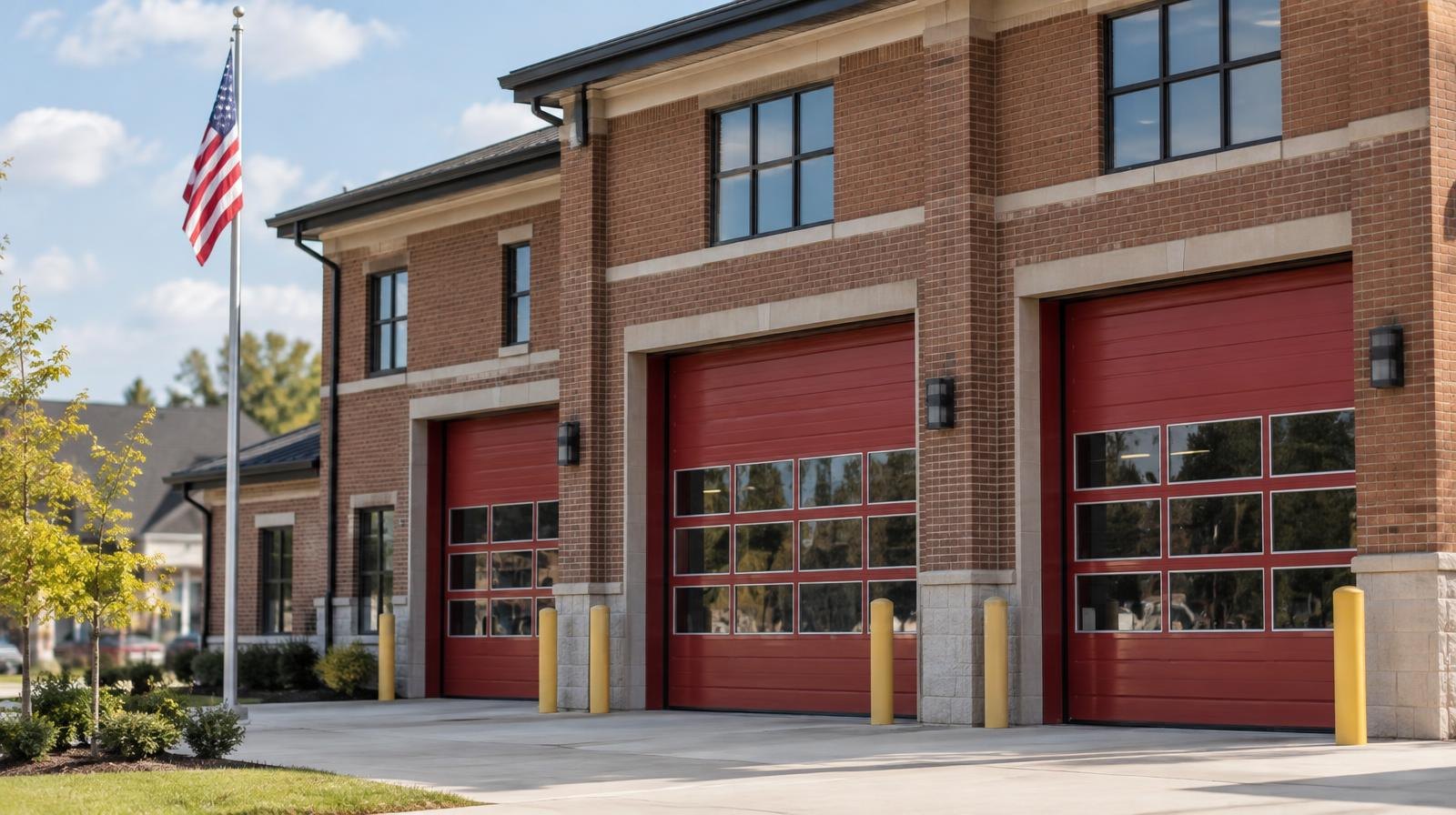Modern two-story fire station with red apparatus bay doors and a flagpole.