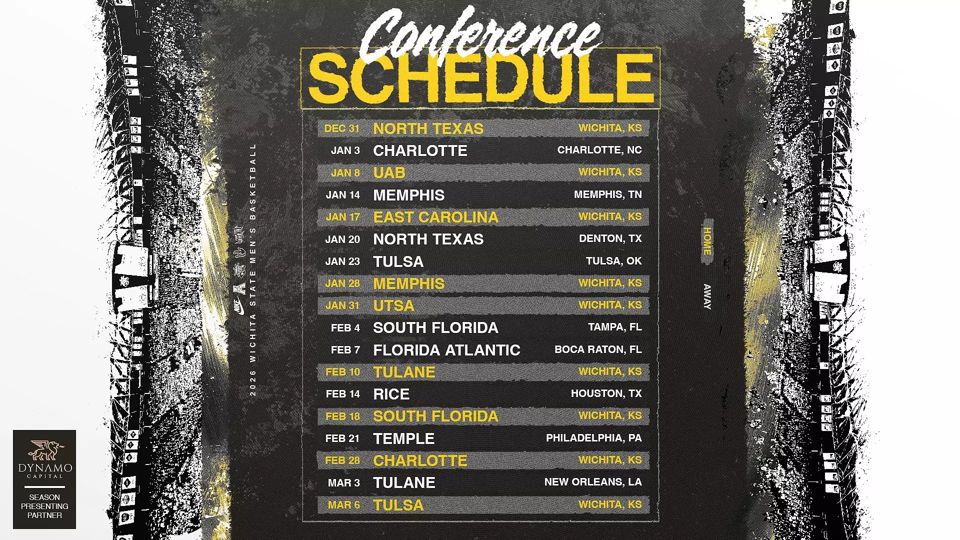 Styled schedule graphic listing Wichita State men's basketball conference games for 2026-27.