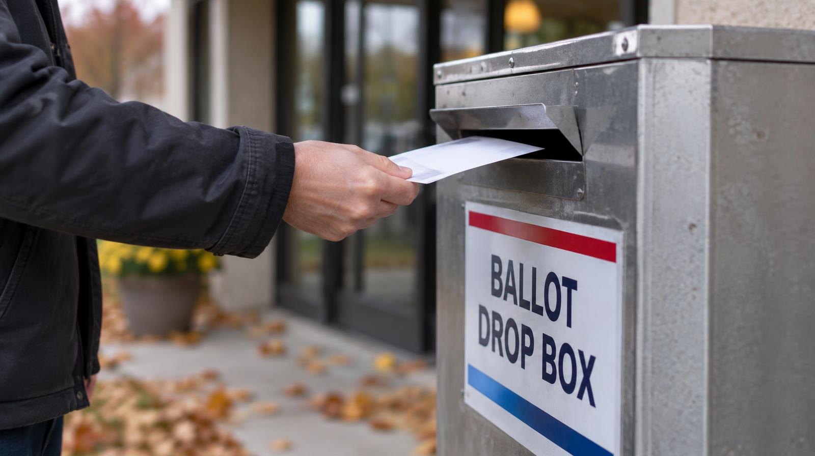 A ballot drop box mounted near a building entrance with fallen leaves on the ground.