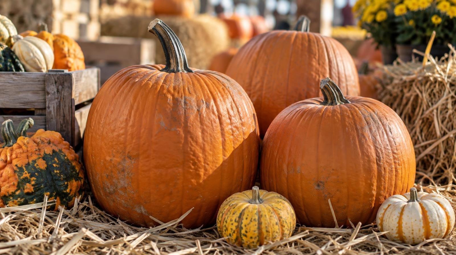 Large orange pumpkins and small gourds resting on dry straw beside a wooden crate.