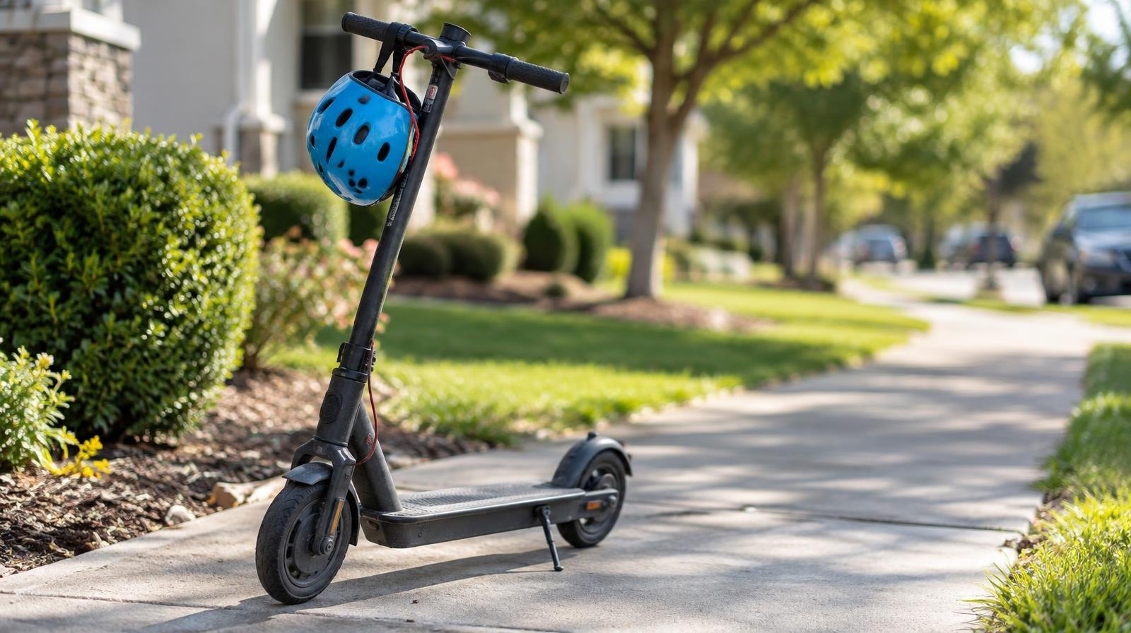 A stand-up electric scooter on a sidewalk with a child-sized helmet on the handlebars.