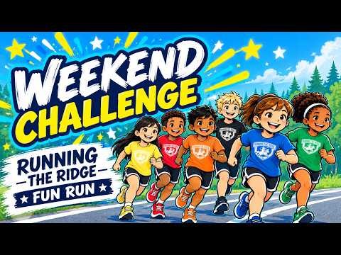 Colorful promotional graphic showing animated children running outdoors for a fun run event.