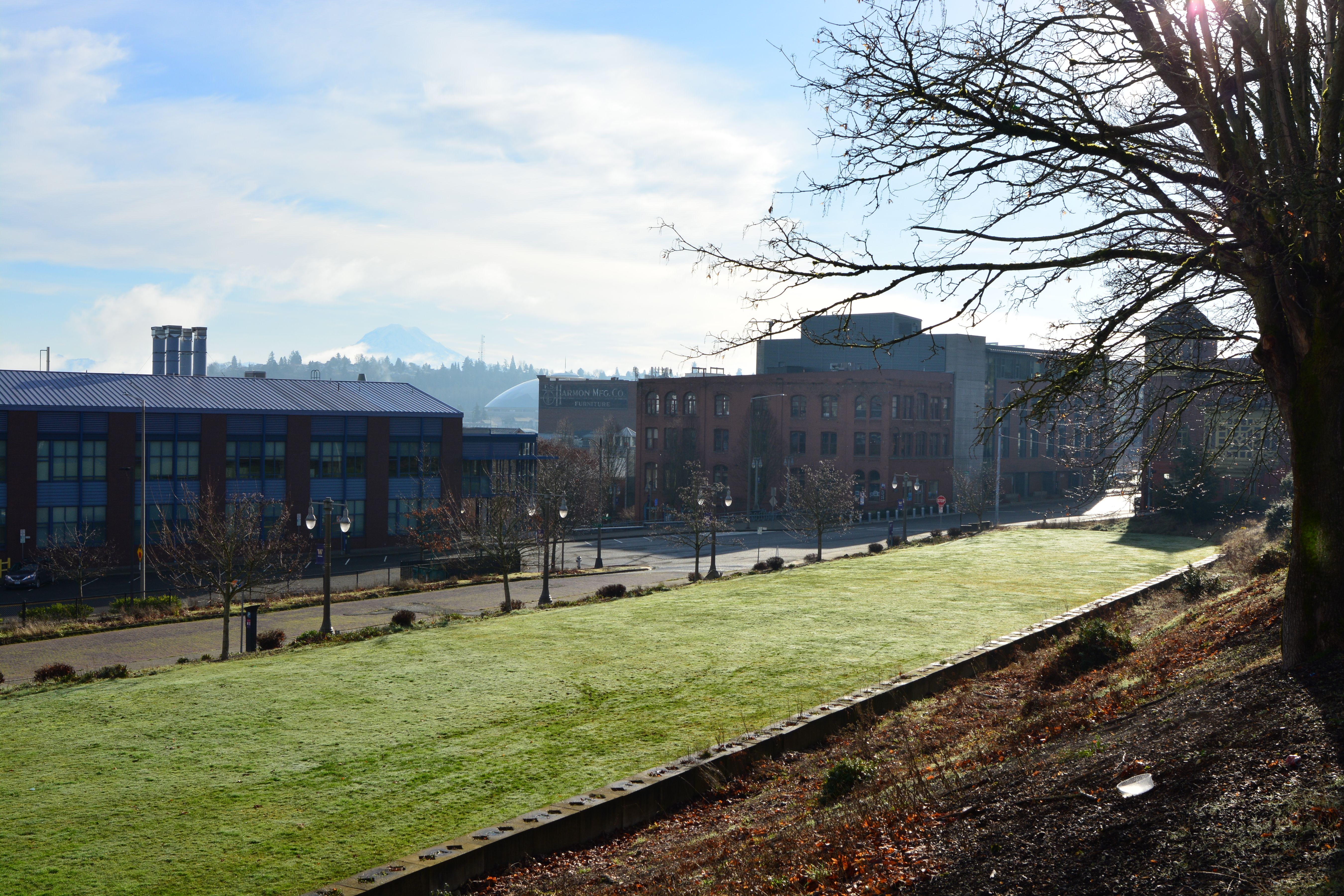 University of Washington Tacoma campus with frost-covered lawn and snow-capped mountain behind brick buildings.