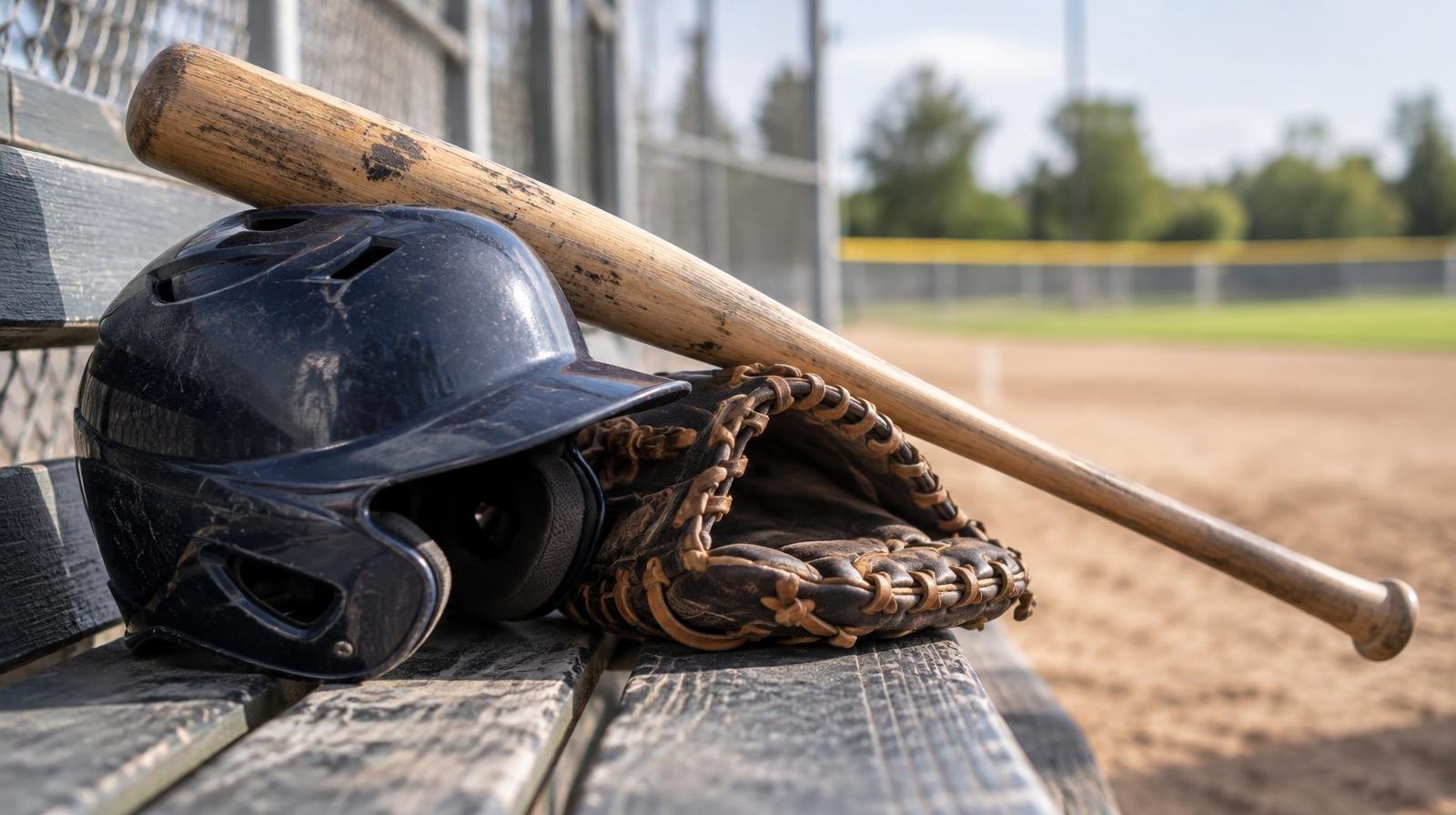 A baseball bat resting across a batting helmet and glove on a wooden bench.