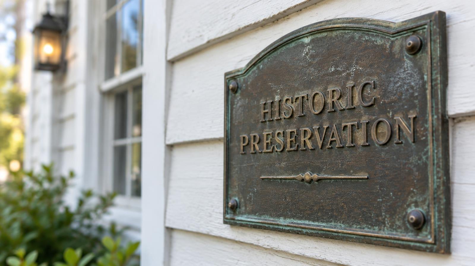 Weathered bronze plaque mounted on white clapboard siding of an old house.