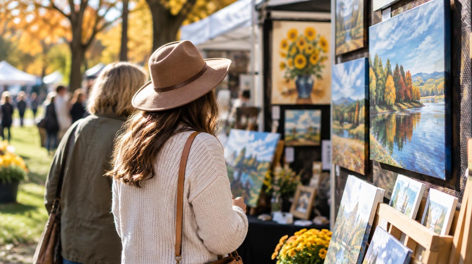 Colorful paintings displayed on an outdoor festival booth in a sunny park.