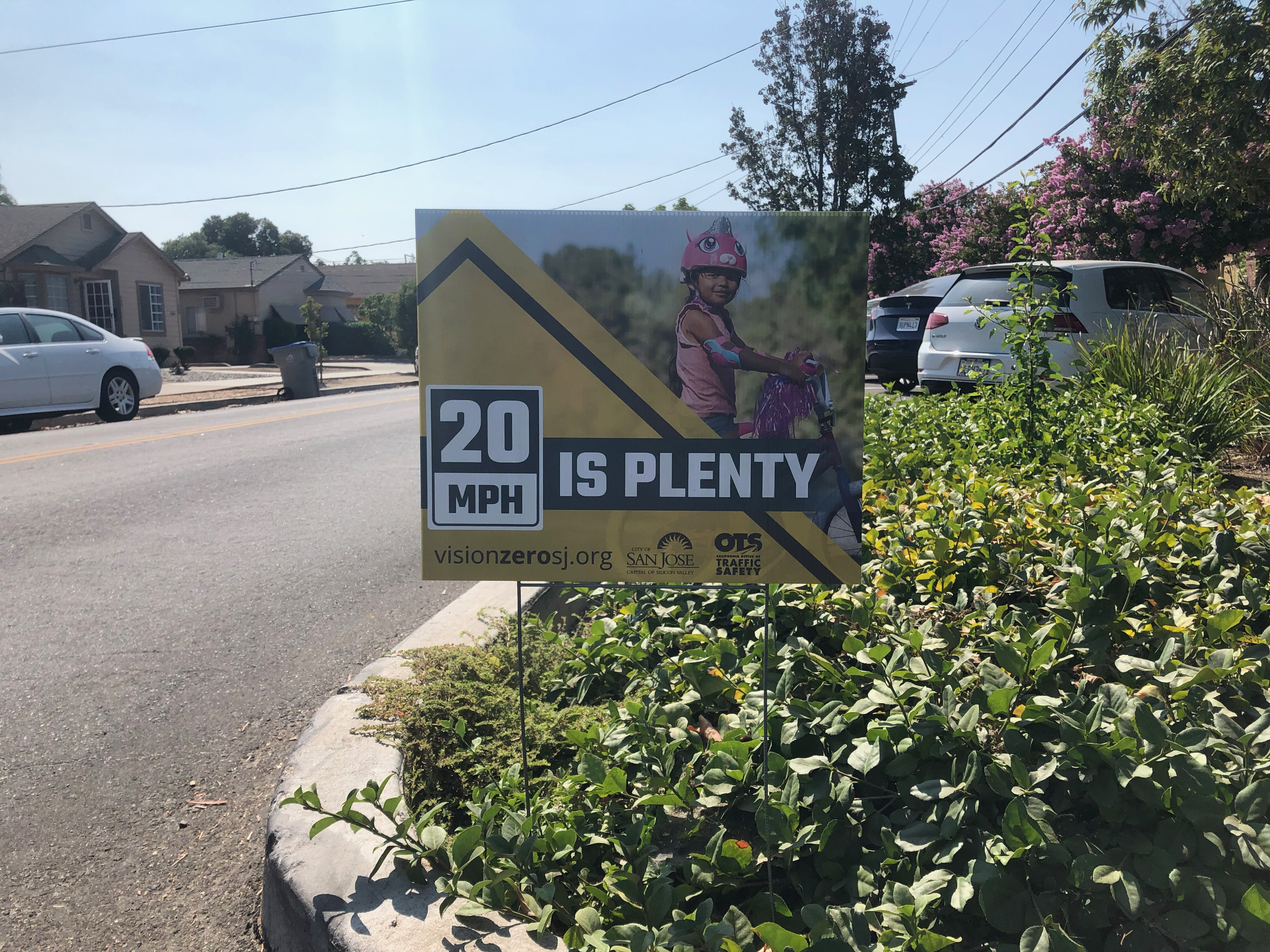 Yard sign reading '20 MPH is Plenty' with a child on a bicycle, posted in a street median.