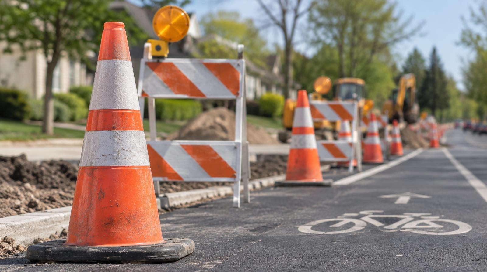 Orange traffic cones and barricades along a residential street with fresh asphalt and a bike lane marking.