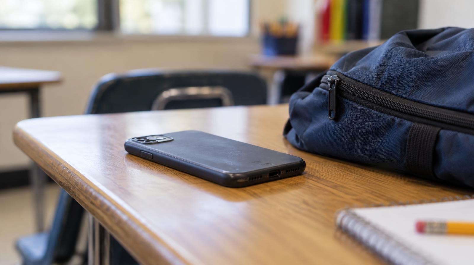 A smartphone face-down on a wooden school desk next to a closed backpack.