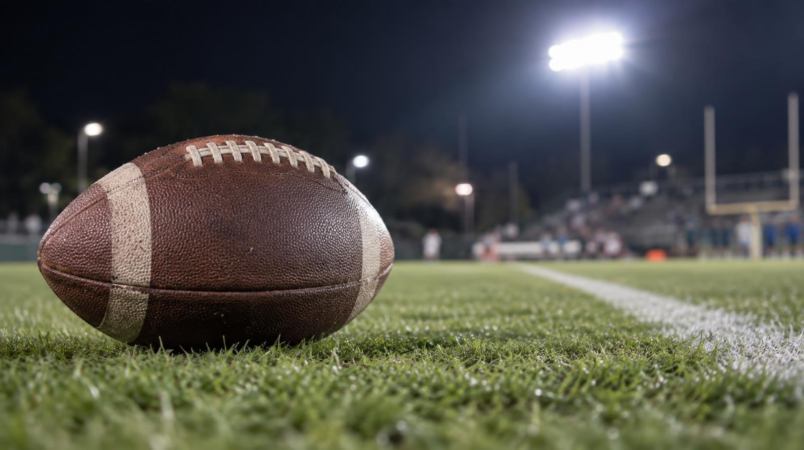 An American football on green grass near a white yard line under bright stadium lights.
