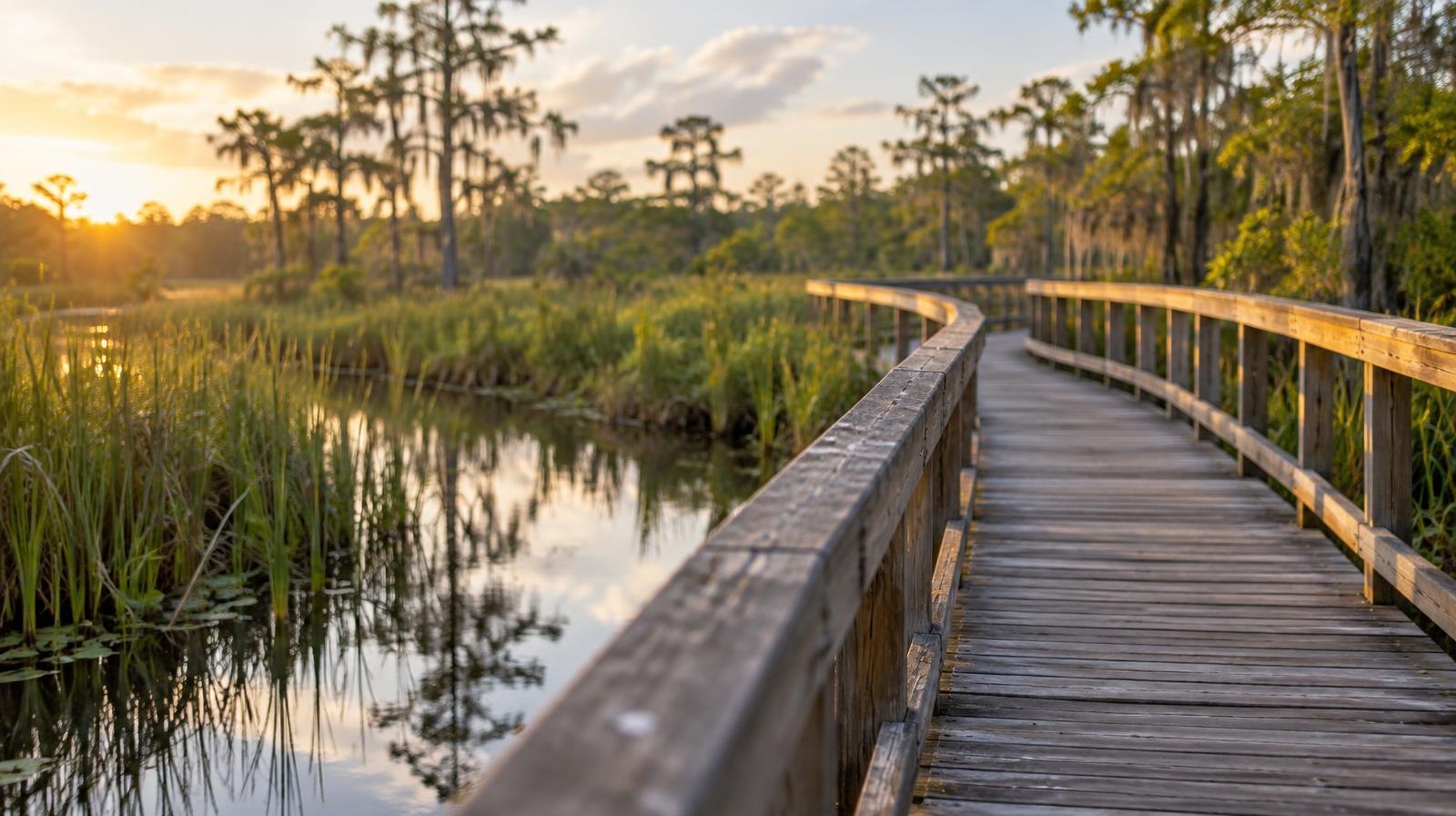 Wooden boardwalk trail winding through a lush wetland with marsh grasses and still water.