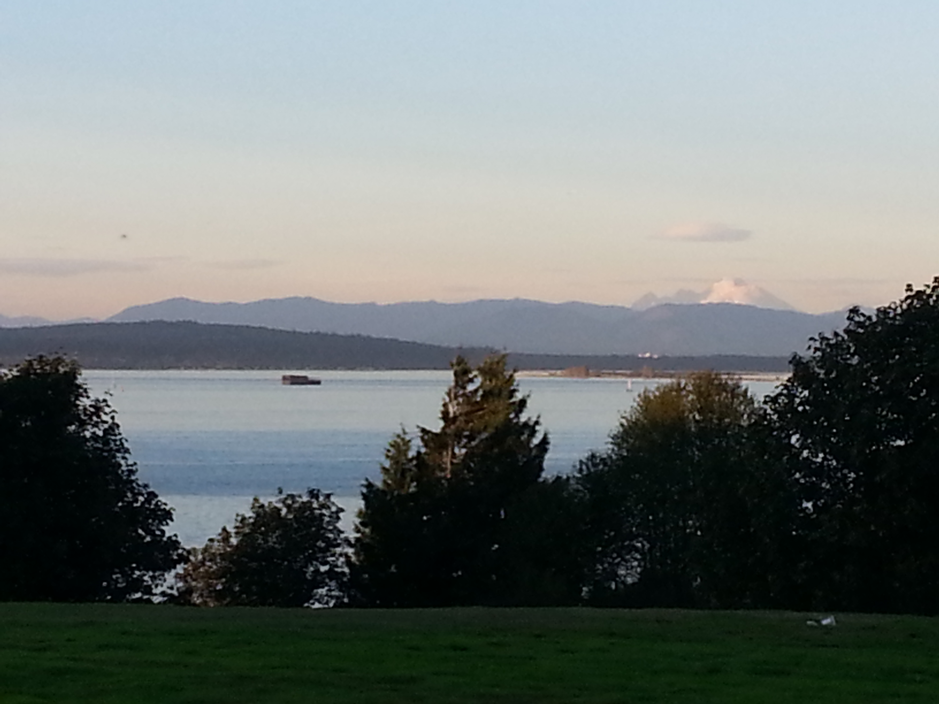 Grassy park lawn overlooking a calm sound with mountains in the distance.