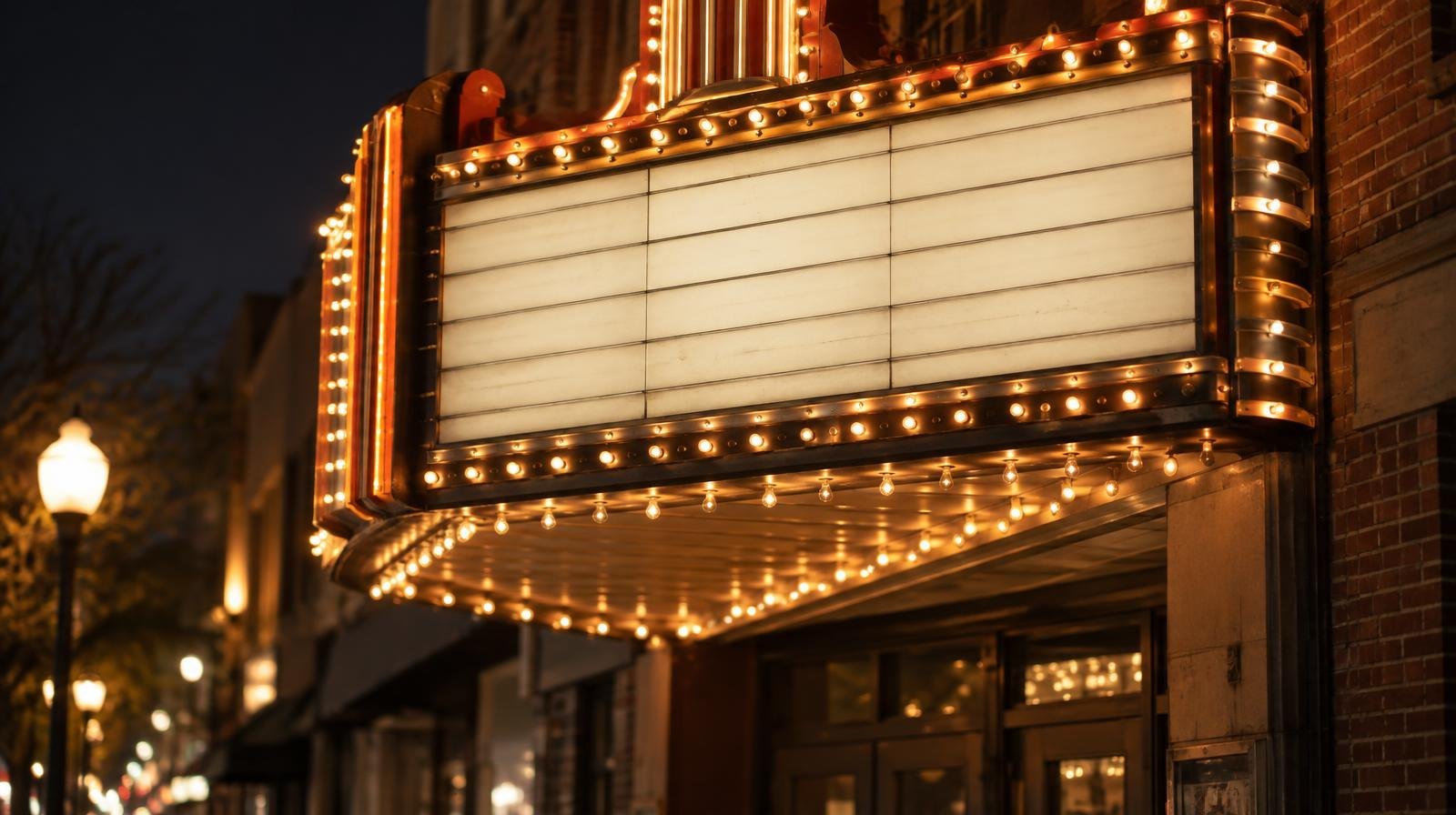 Vintage theater marquee glowing with warm lights on a brick building at night.