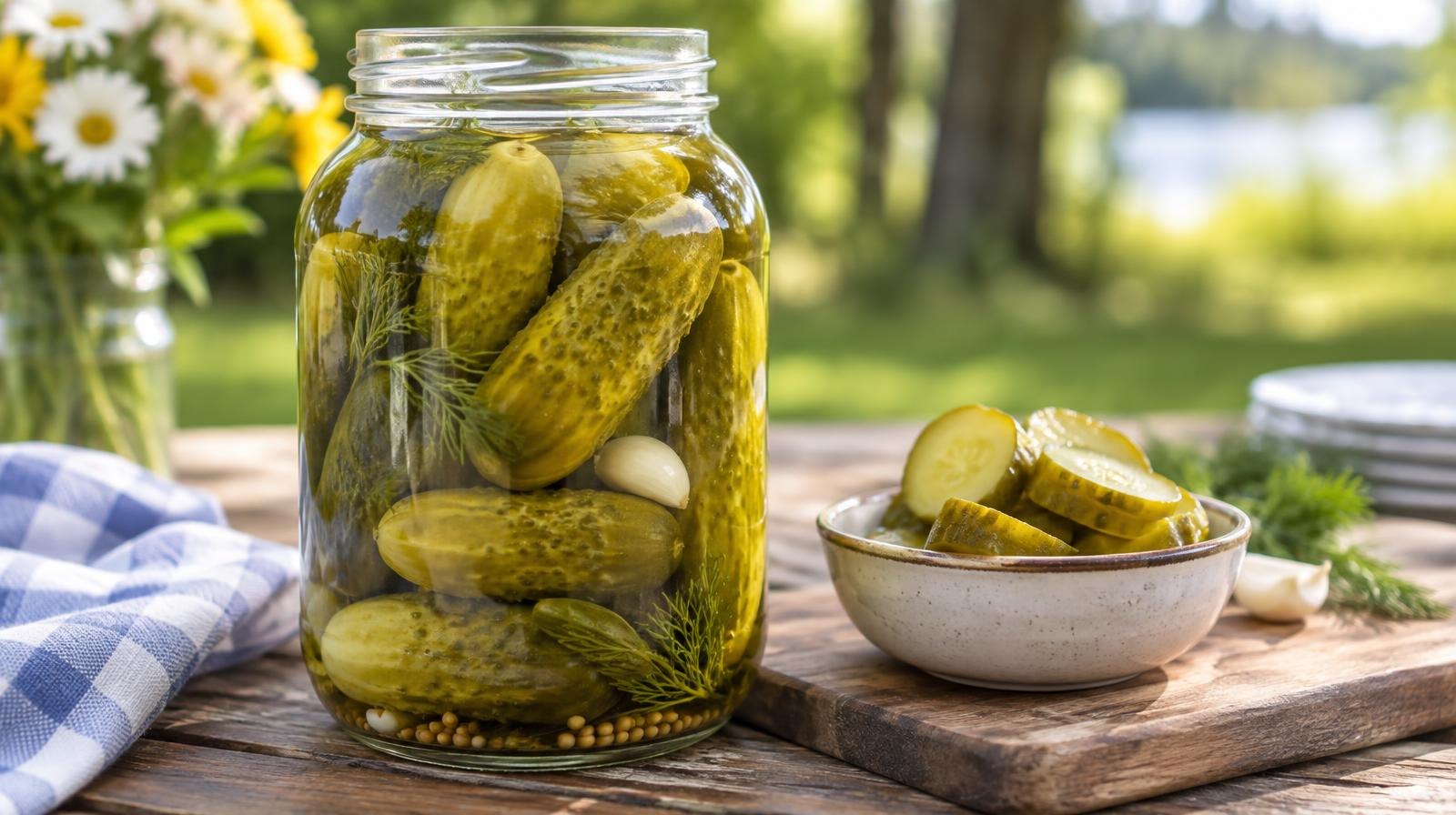Glass jar of whole dill pickles beside a bowl of pickle slices on a wooden board.