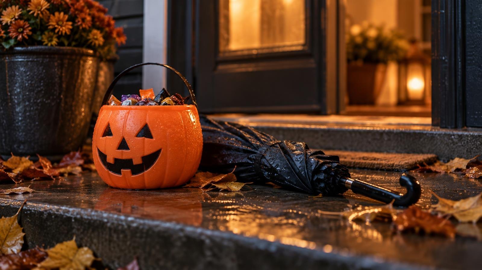 Halloween candy bucket and folded umbrella on a wet doorstep with fallen leaves.