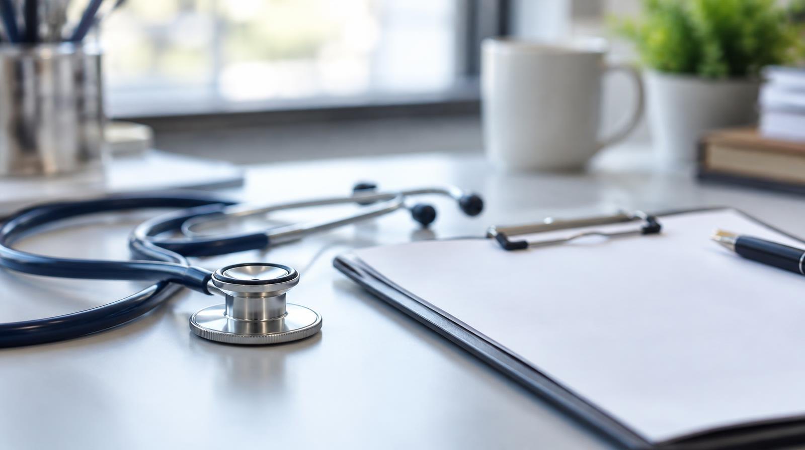 A stethoscope resting beside a clipboard on a desk.