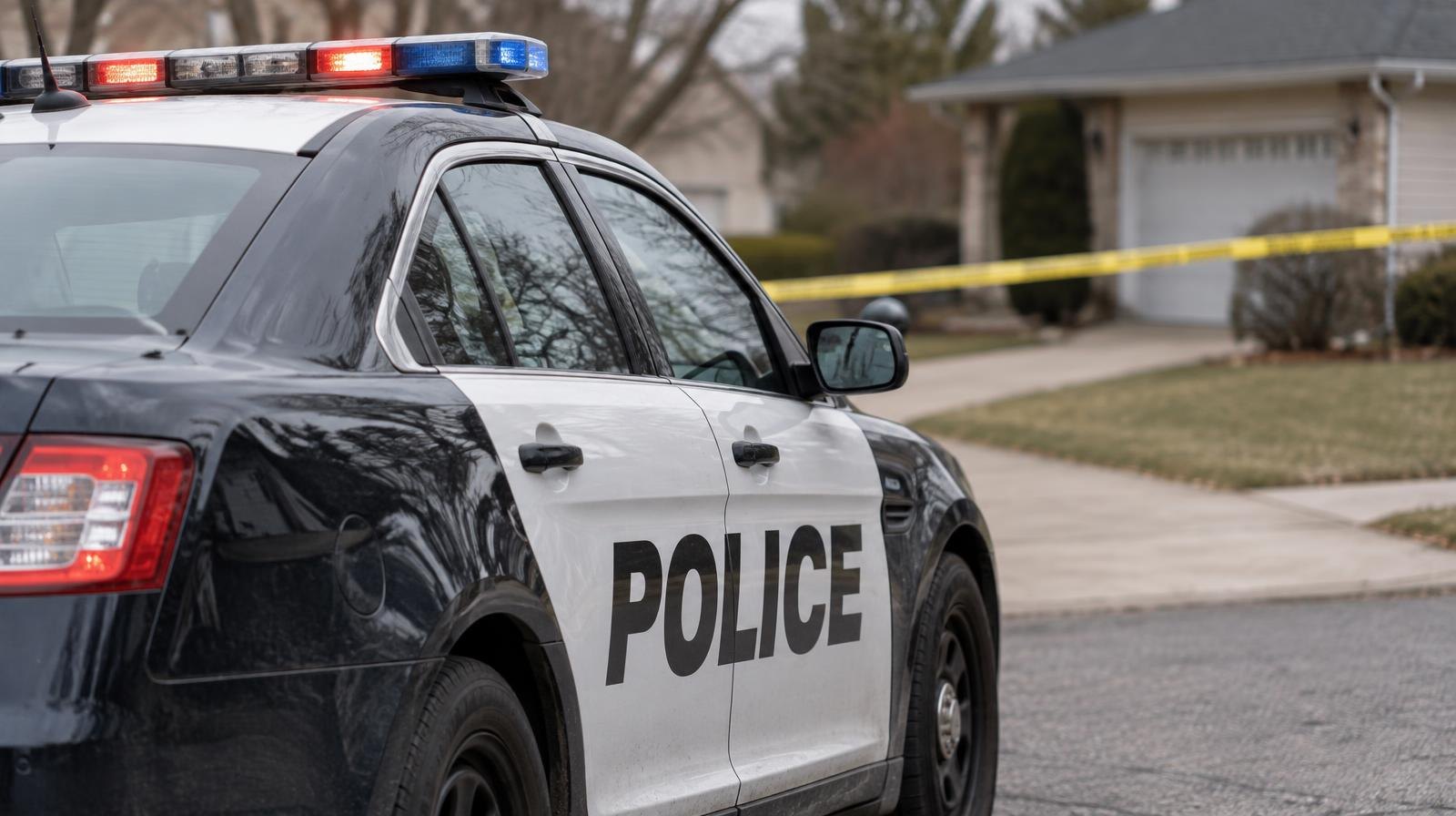 A marked police patrol car parked on a residential street with yellow crime scene tape in the background.