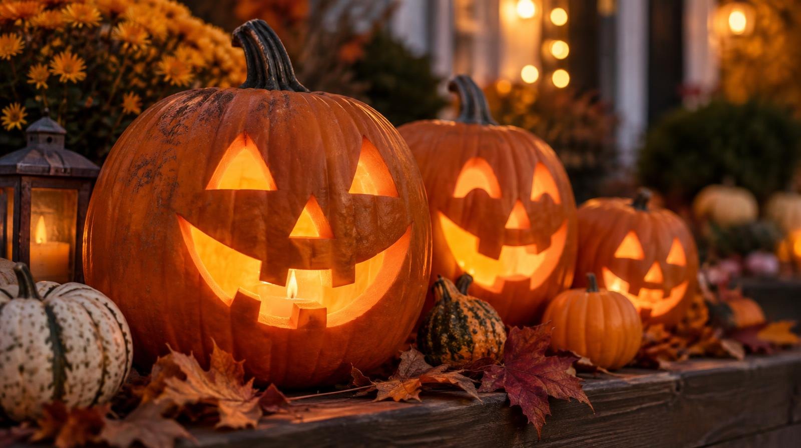 Carved pumpkins glowing orange surrounded by autumn leaves and small gourds.