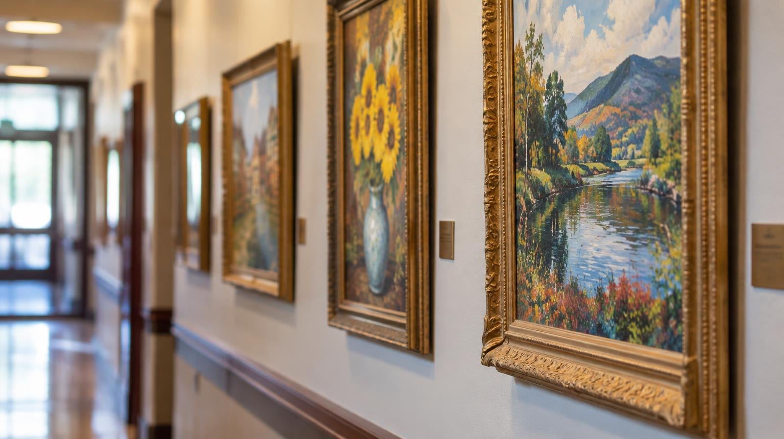Framed colorful paintings hanging in a row along a school hallway wall.