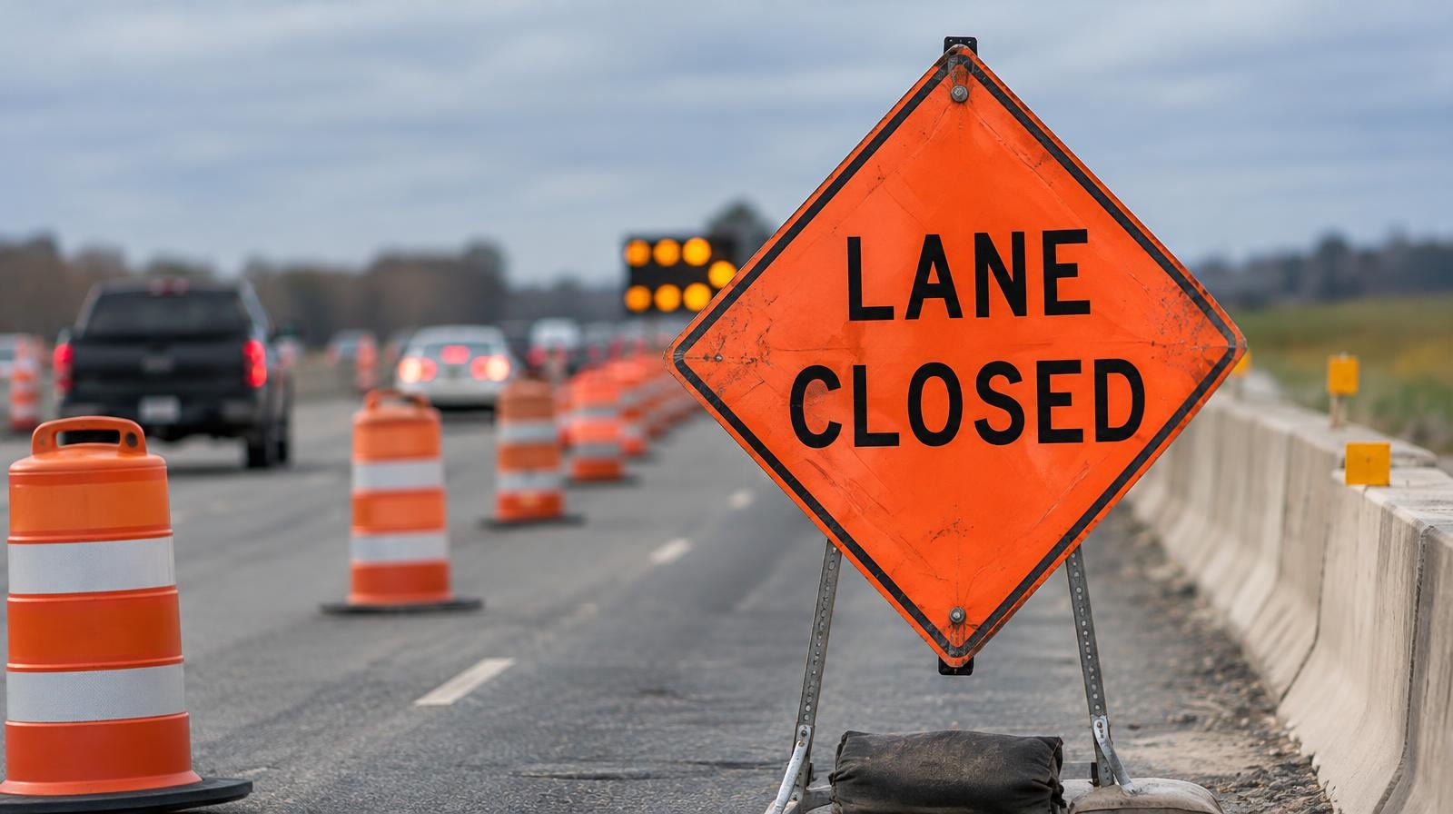 Orange construction signs and traffic cones line a multi-lane highway with concrete barriers.