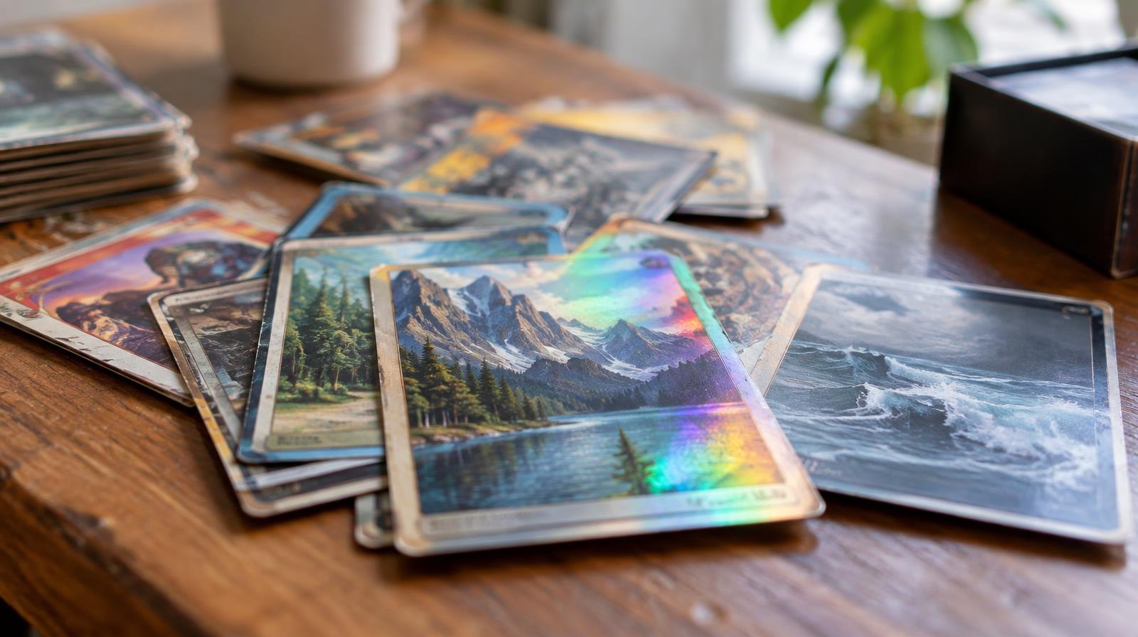 Colorful trading cards spread out on a wooden table.