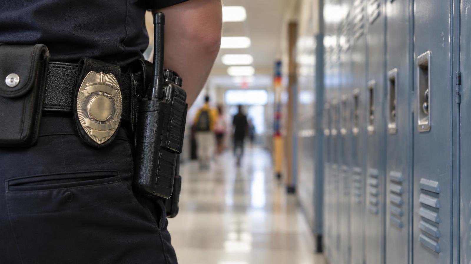 Metal school lockers lining a hallway with a police badge and radio visible in the foreground.