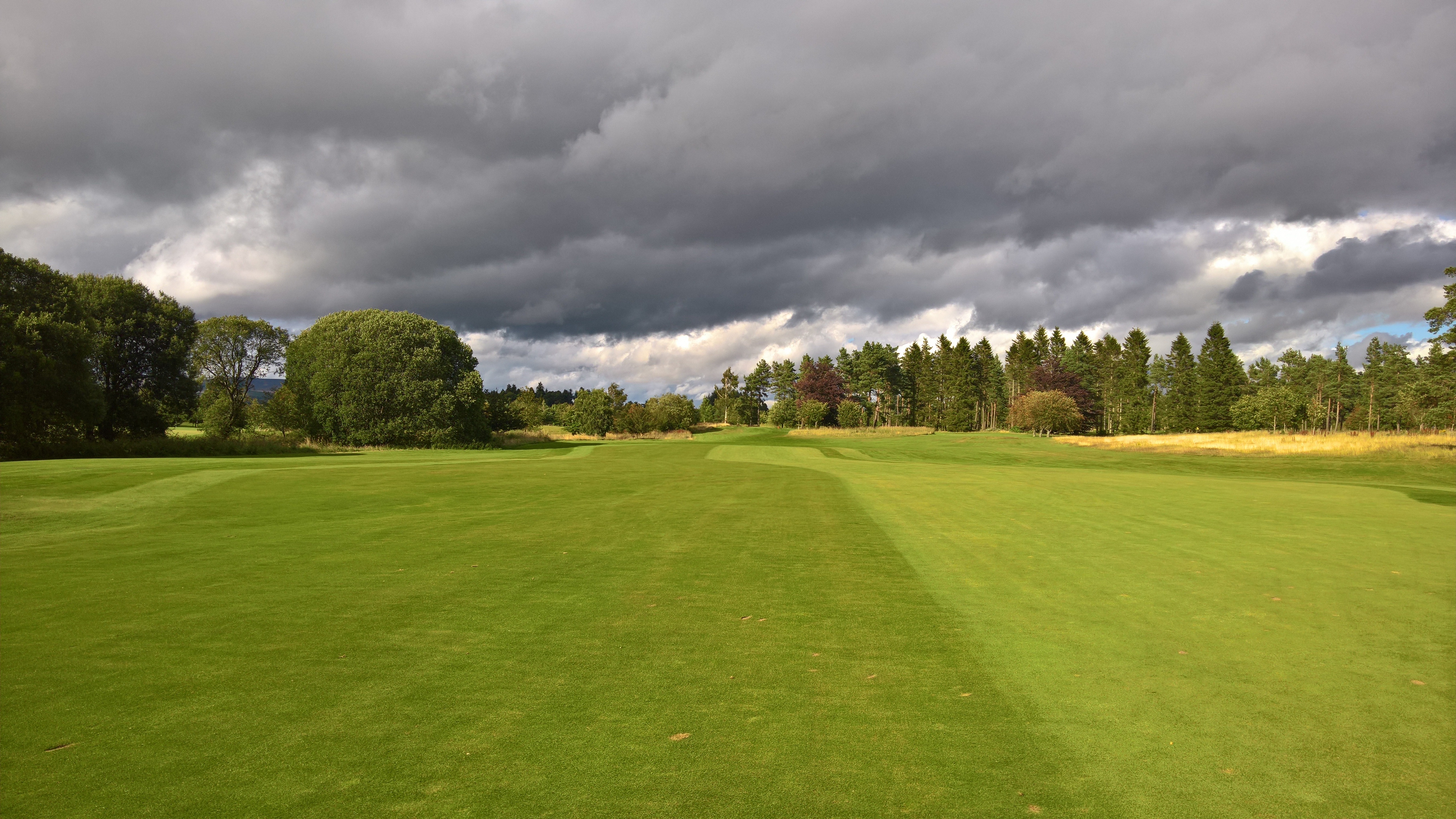 A well-manicured golf course fairway lined with trees under dramatic clouds.