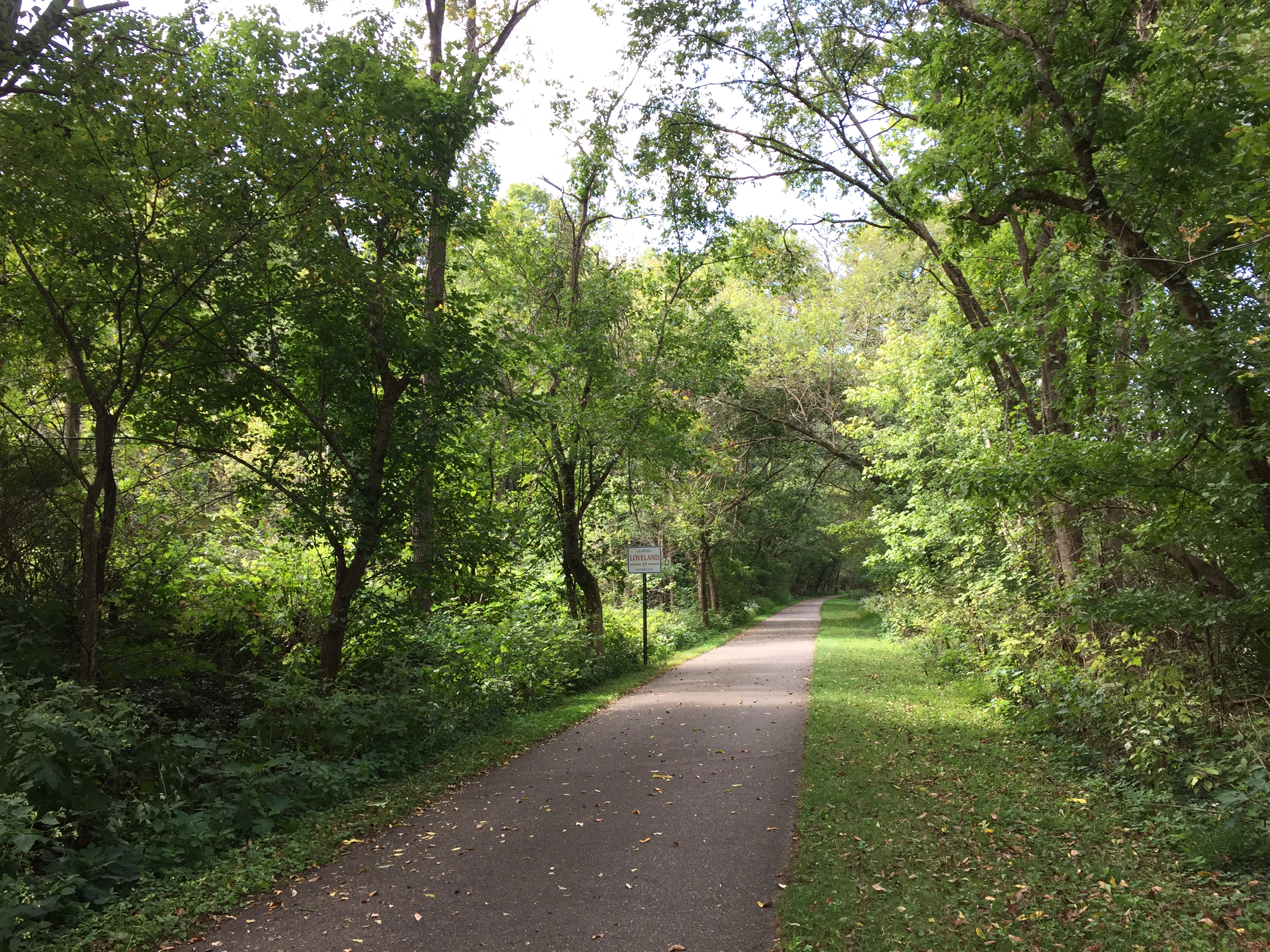 Paved trail curves through a lush green wooded corridor with a small sign at left.