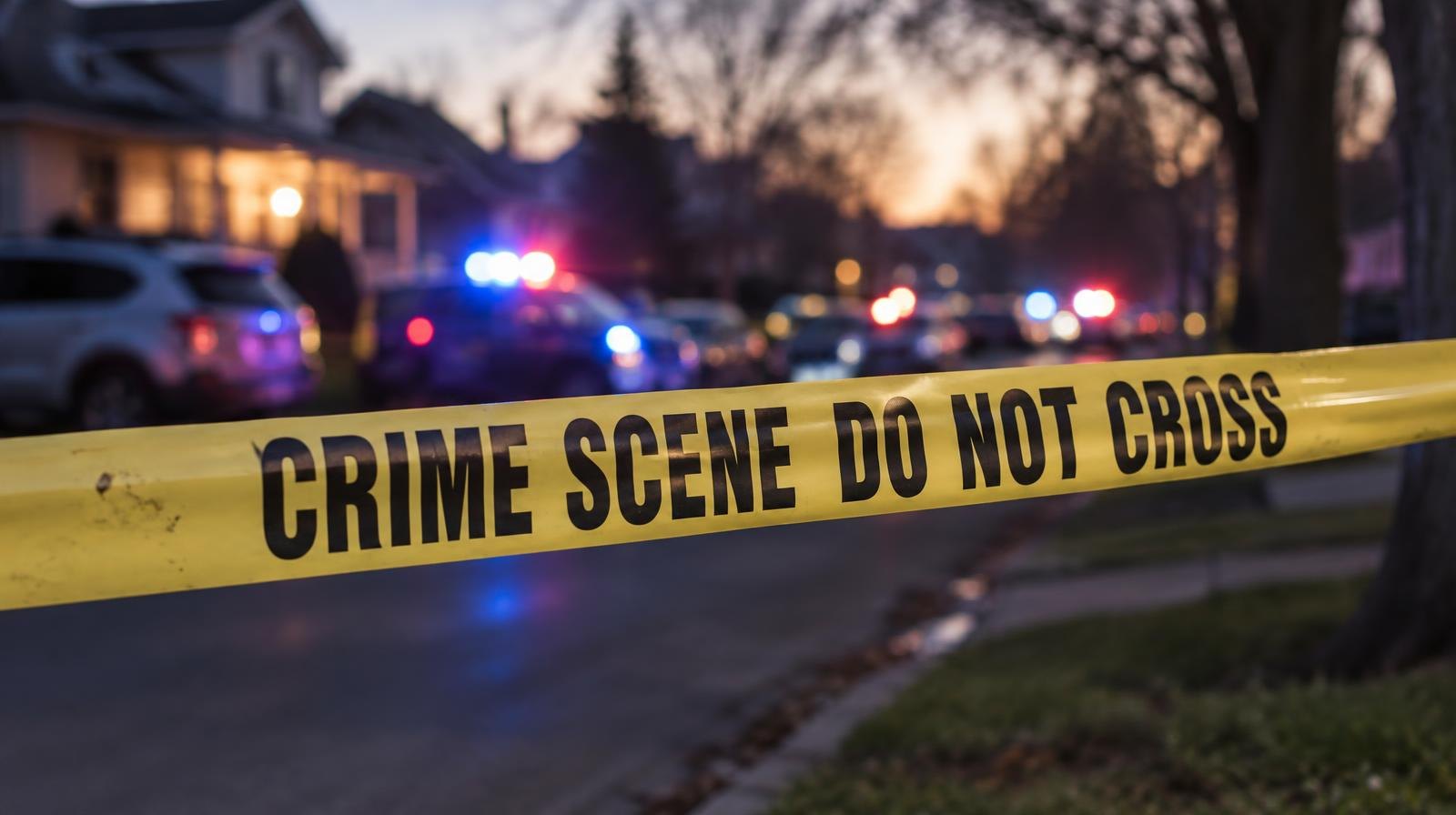 Yellow crime scene tape across a street with blurred police lights in the background.