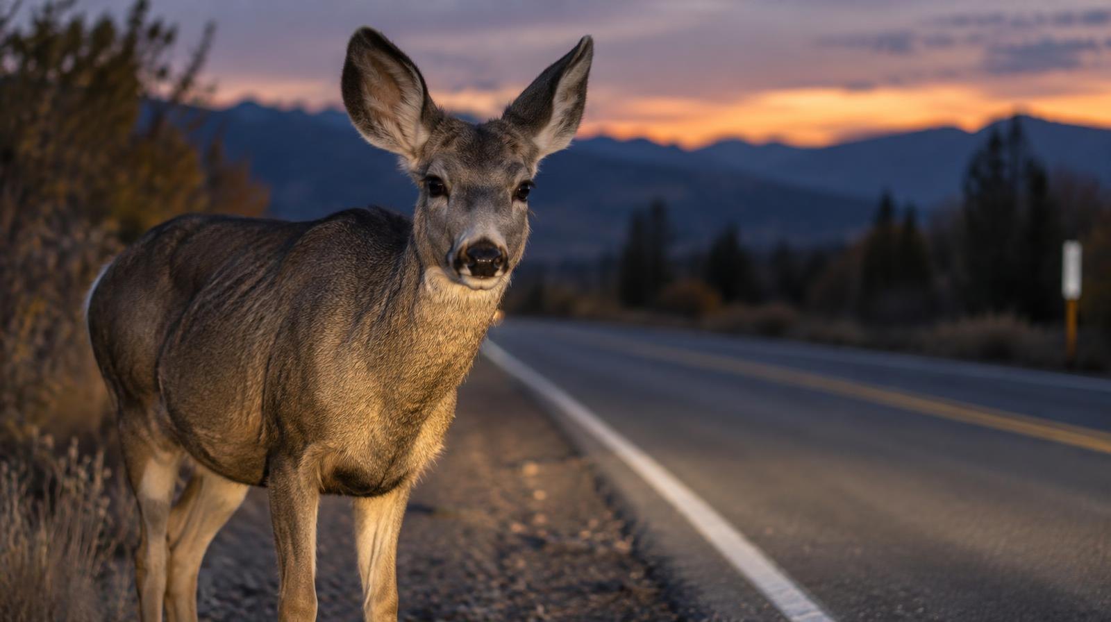 A deer standing at the roadside edge in dim evening light.