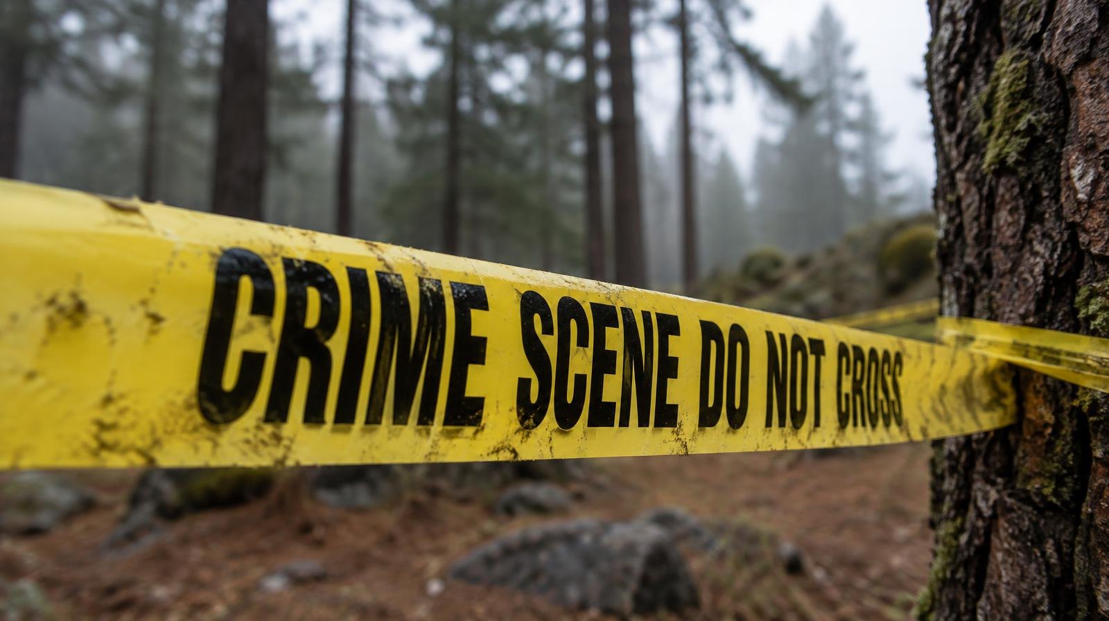 Yellow crime scene tape strung between pine trees in a forested outdoor area.