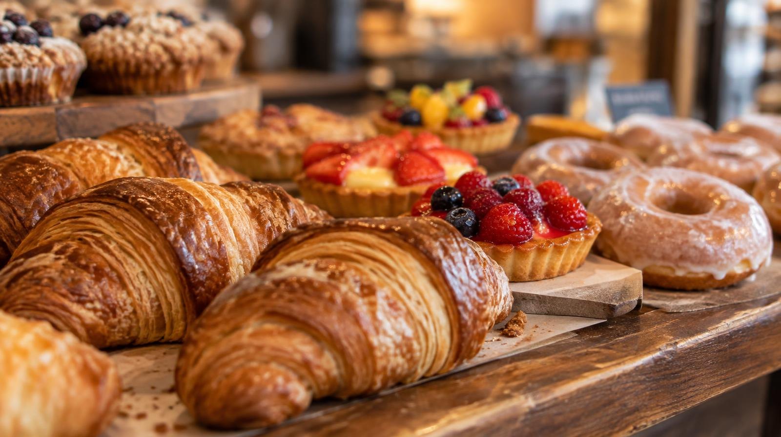 Croissants, fruit tarts, and glazed doughnuts arranged on a wooden counter.