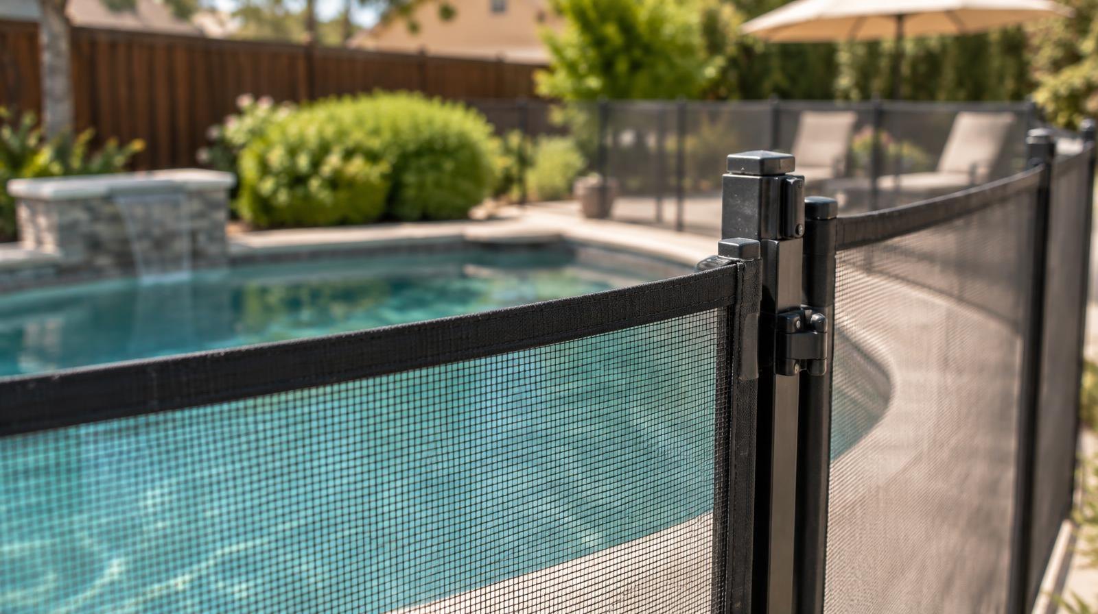 Black metal mesh safety fence installed around the edge of a backyard swimming pool.