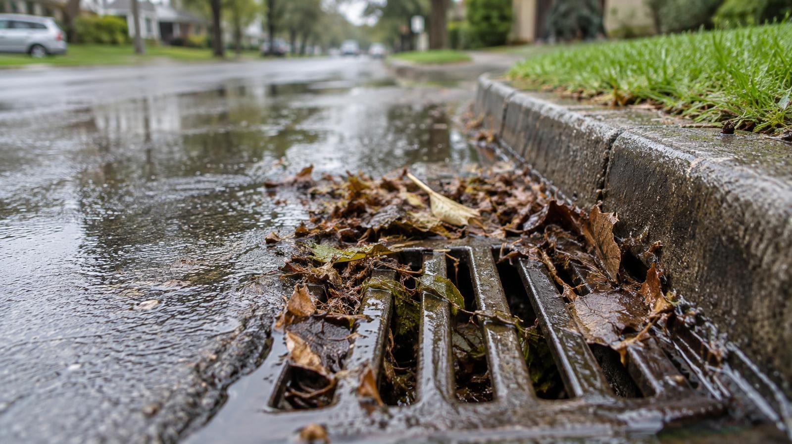 A storm drain grate covered in wet leaves and debris on a rain-soaked street.
