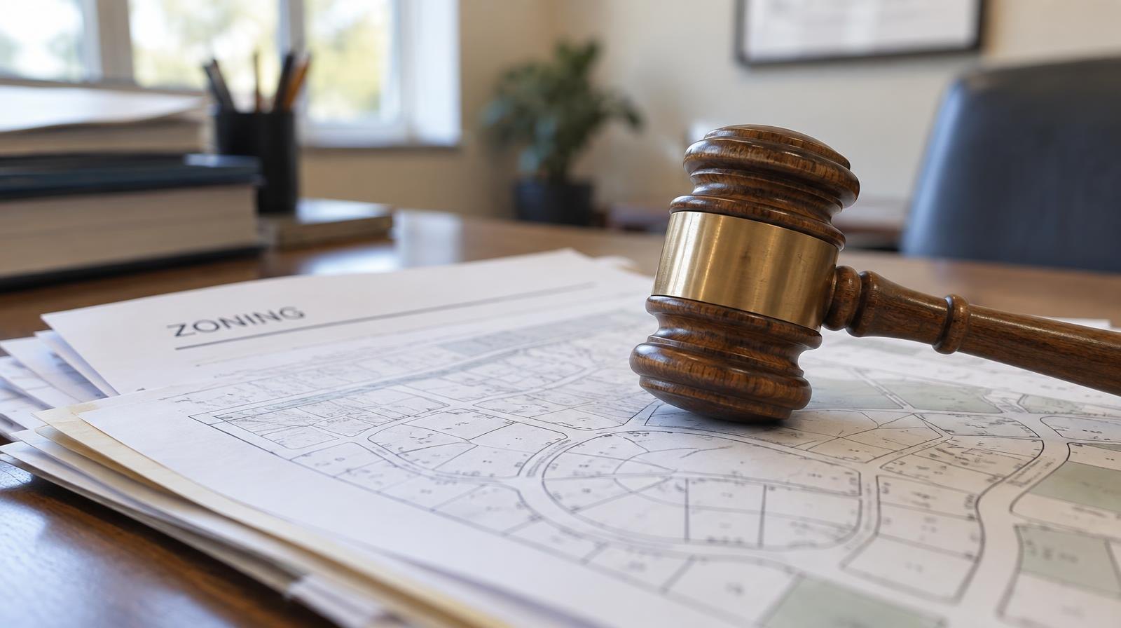 Wooden gavel resting on a stack of zoning and subdivision documents on a desk.
