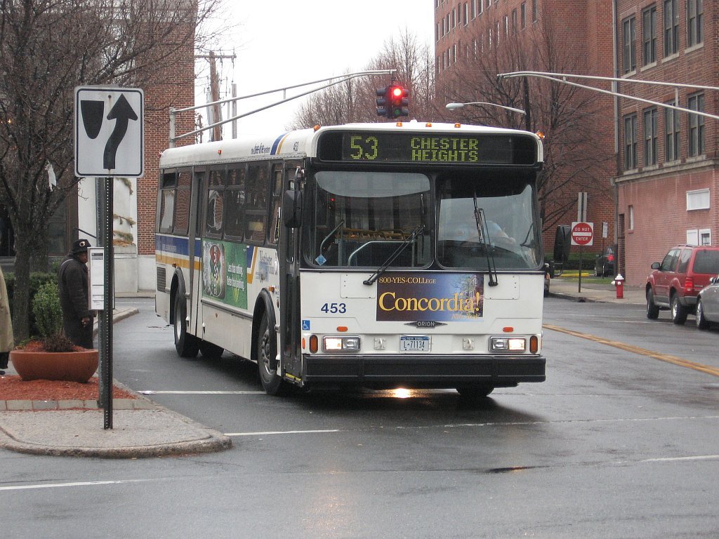 A Bee-Line bus traveling on a wet urban street past a traffic light and brick buildings.