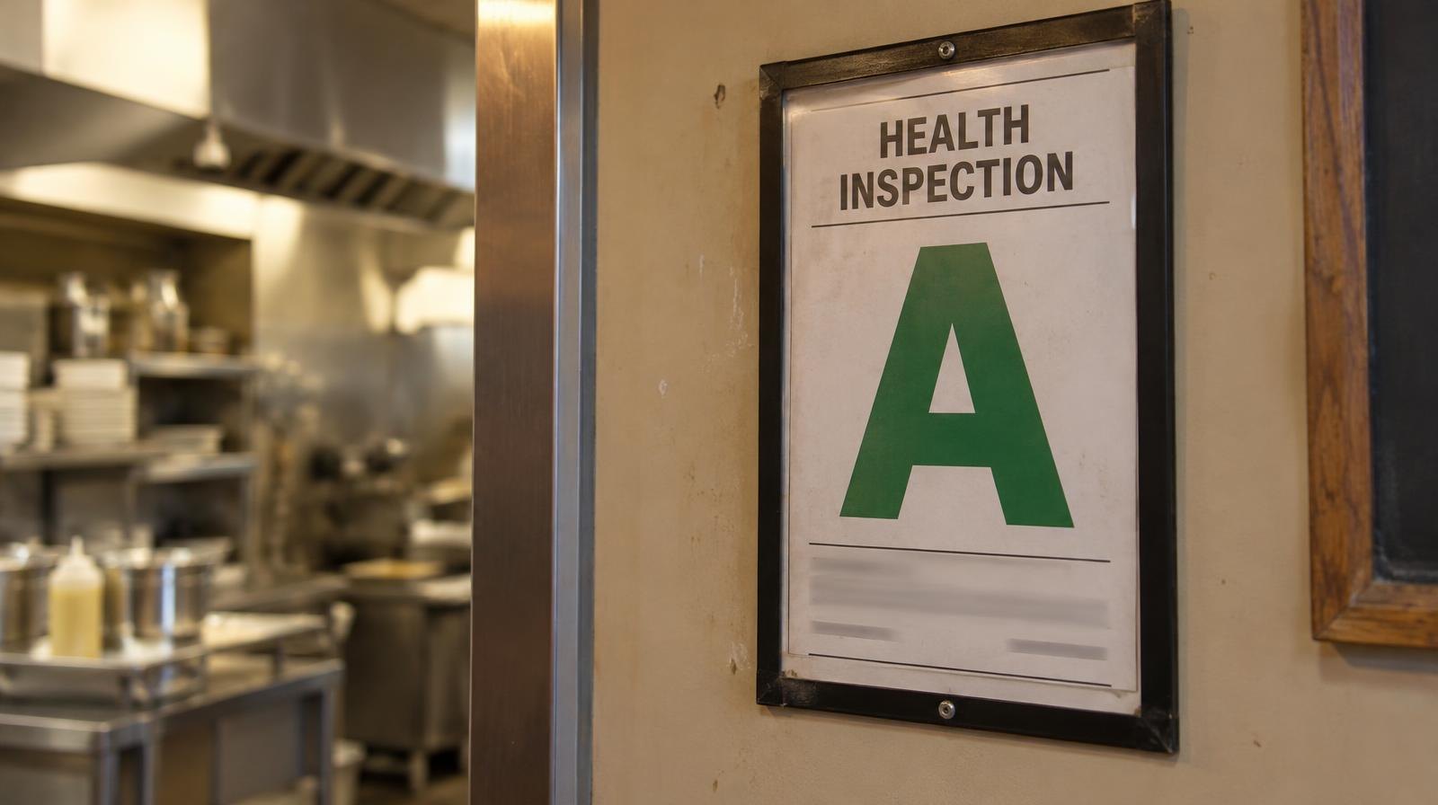 A health inspection score placard mounted on a wall near a kitchen doorway.
