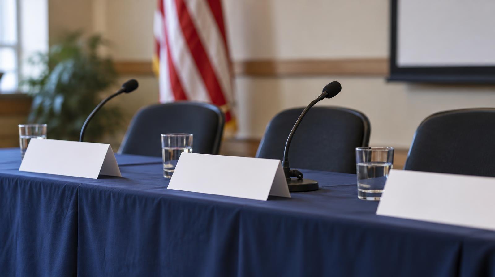 Empty chairs and microphones at a candidate forum table.
