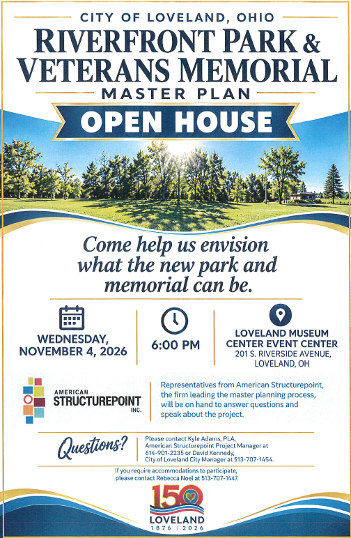 Event announcement flyer for a public open house on a riverfront park master plan.