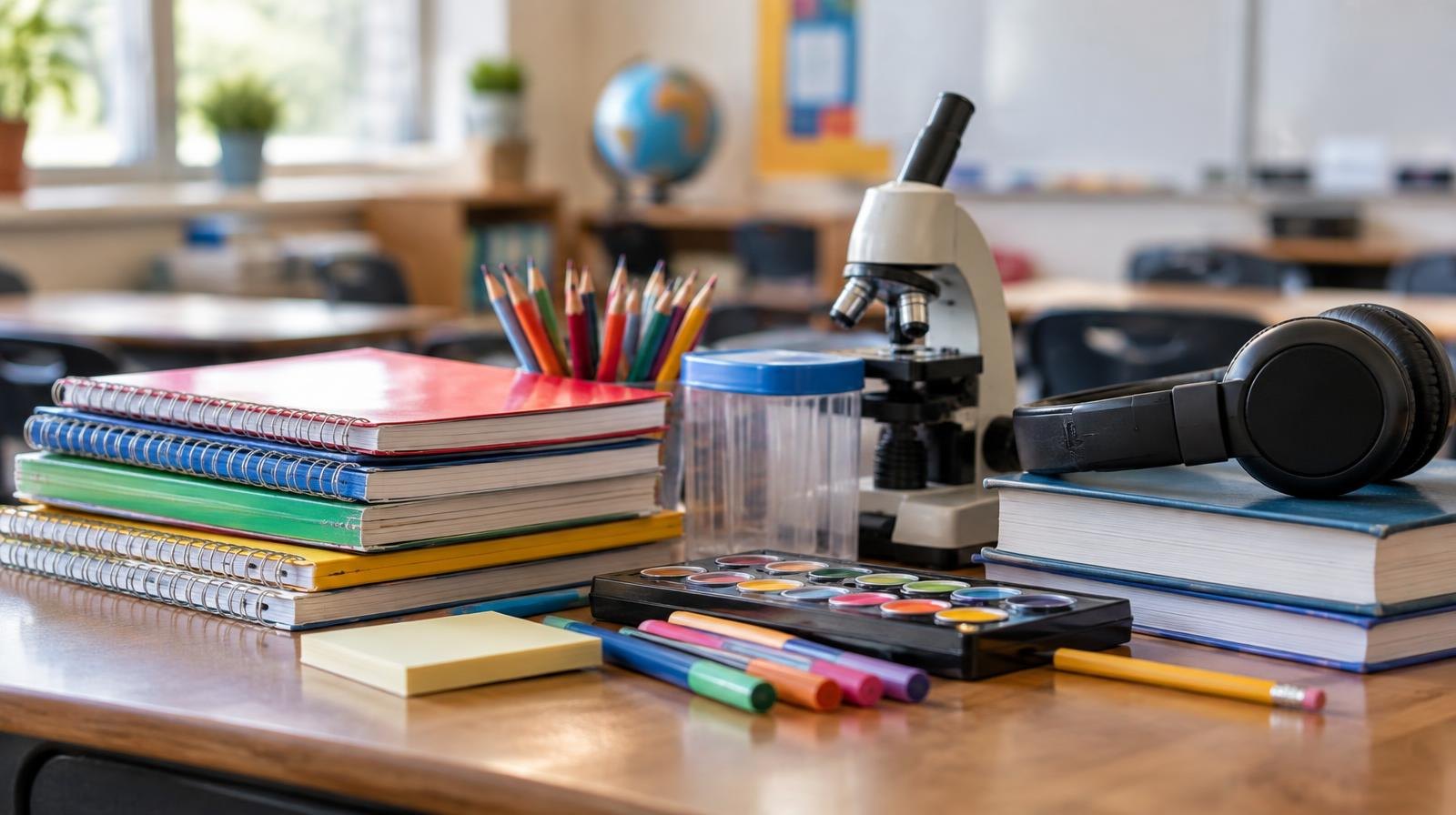 Colorful school supplies including notebooks, art tools, and headphones on a wooden desk.
