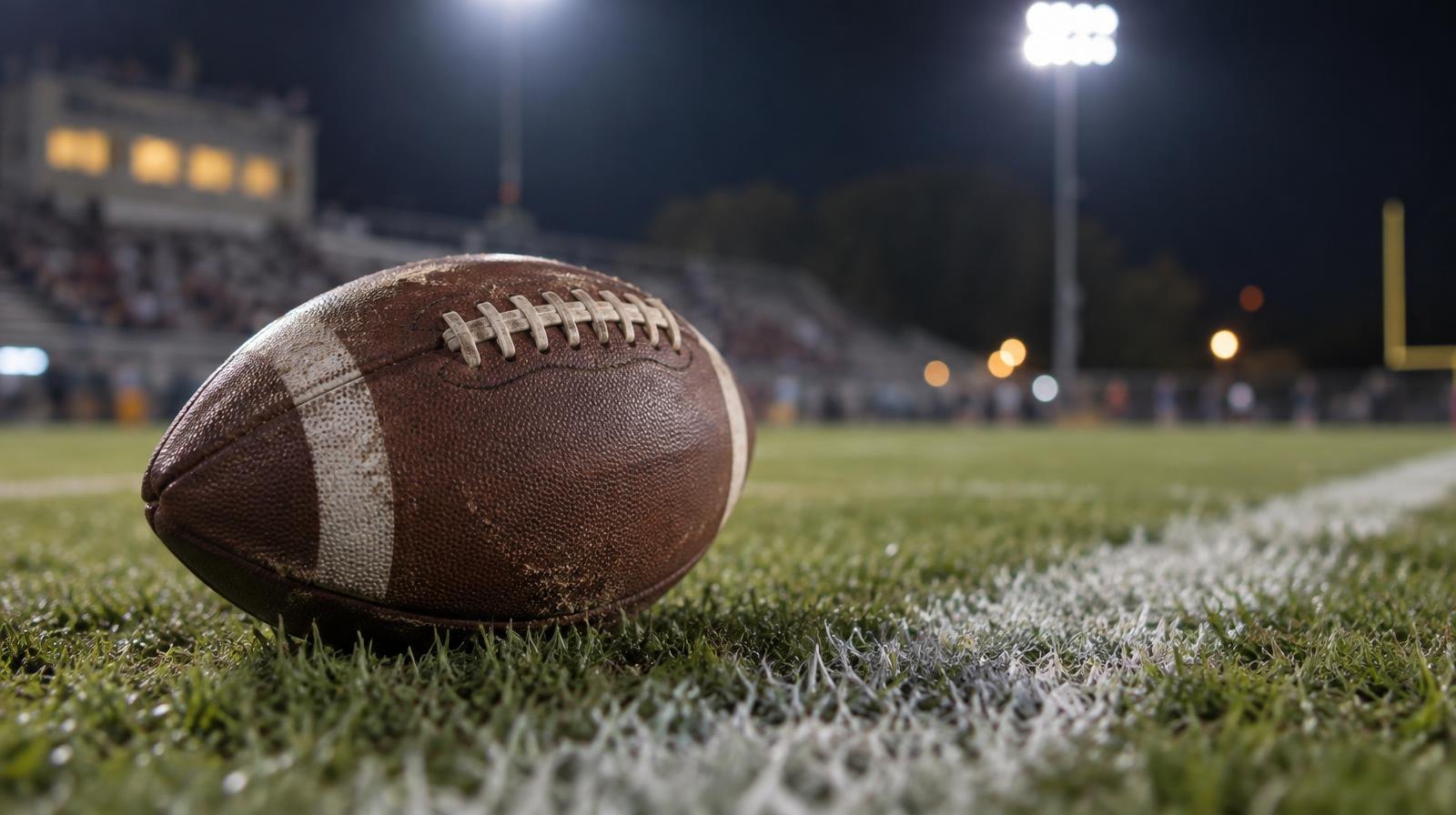 An American football resting on a grass field beside a white yard line under stadium lights.