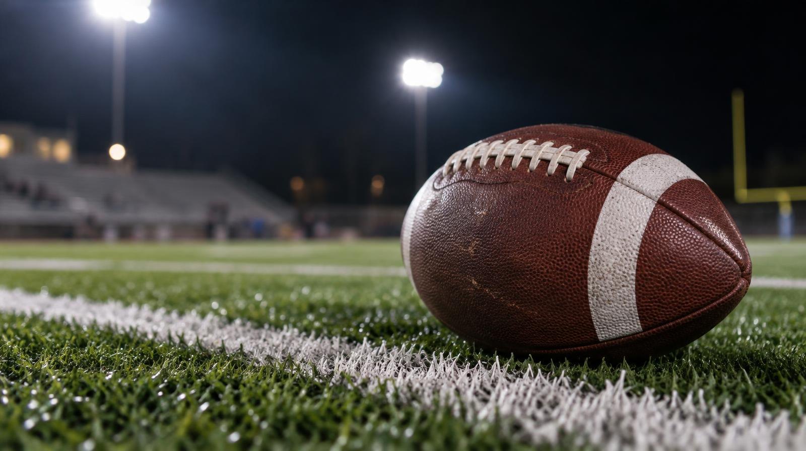 An American football on green artificial turf beside a white yard line under stadium lights.